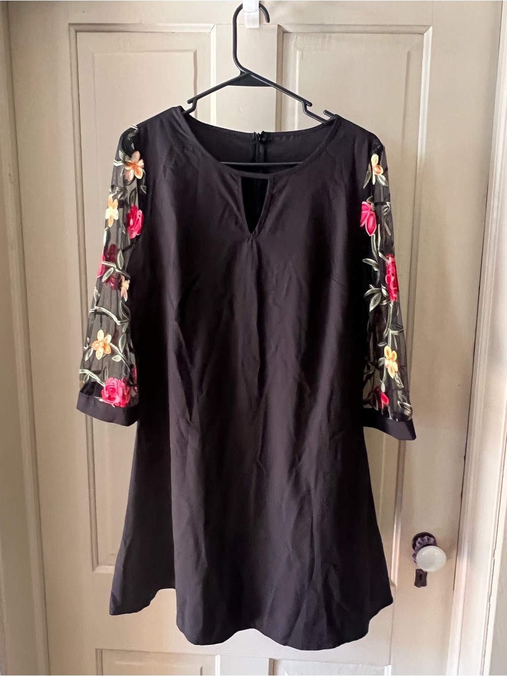 Black Women's Dress with Floral Embroidered Sleeves
